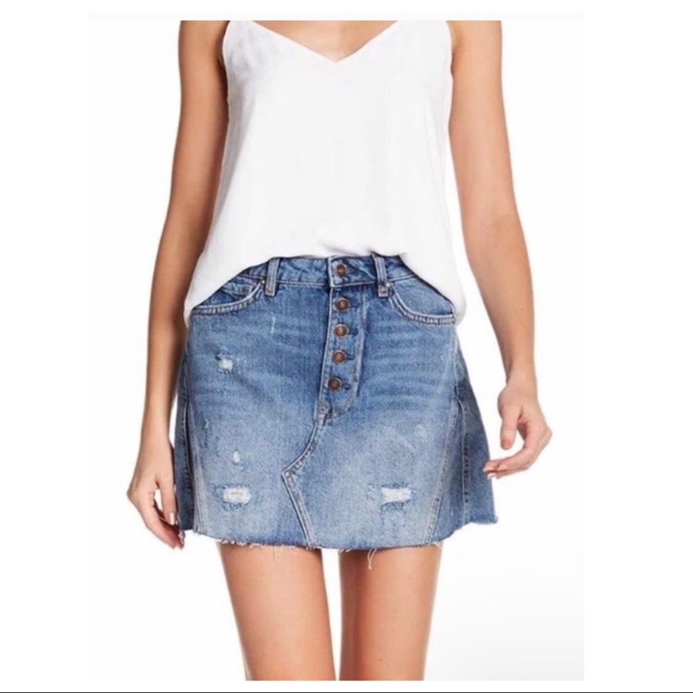 Free People Distressed Denim Mini Skirt Blue Wash
